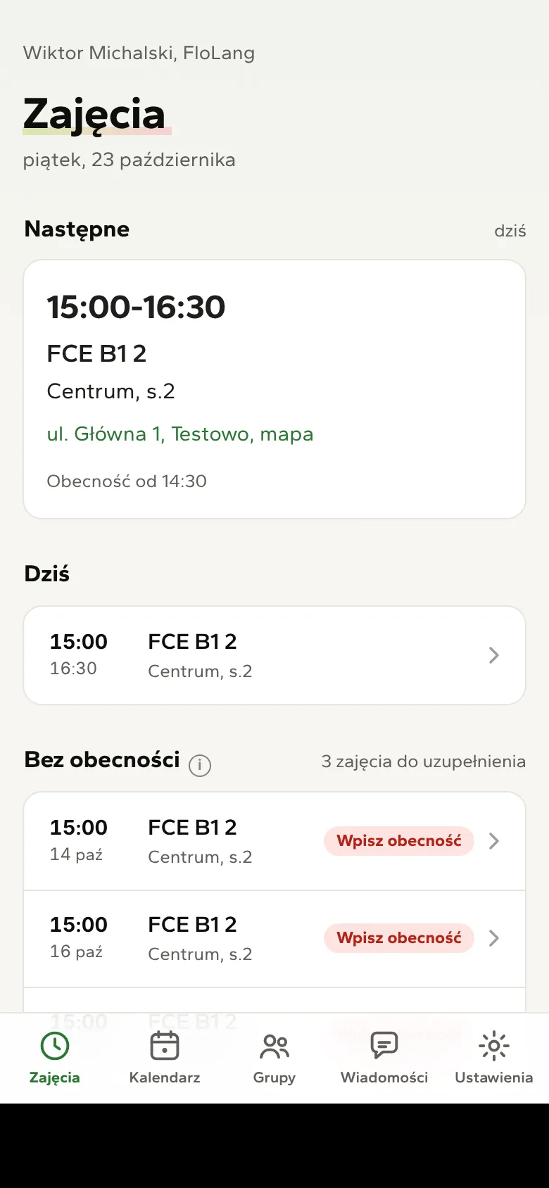Aplikacja lektora: następne zajęcia i zajęcia bez obecności