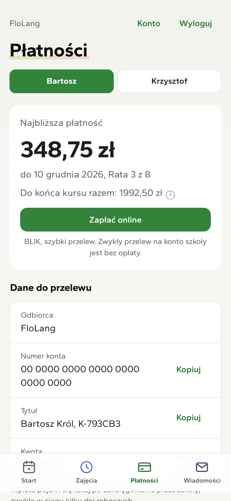 Portal rodzica: najbliższa płatność i przycisk Zapłać online